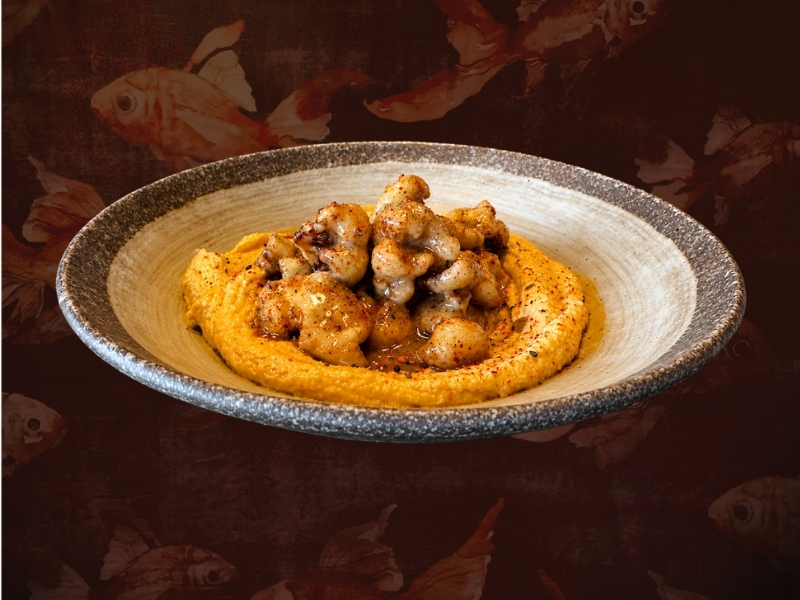 Spicy Cauliflower Tempura with Cashew Cream and Truffle Sauce